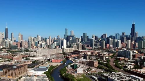 Panoramic view of Chicago downtown by drone on a sunny day