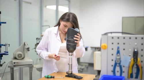 Techniker, der Beinprothesen in der Hand hält und im Labor arbeitet