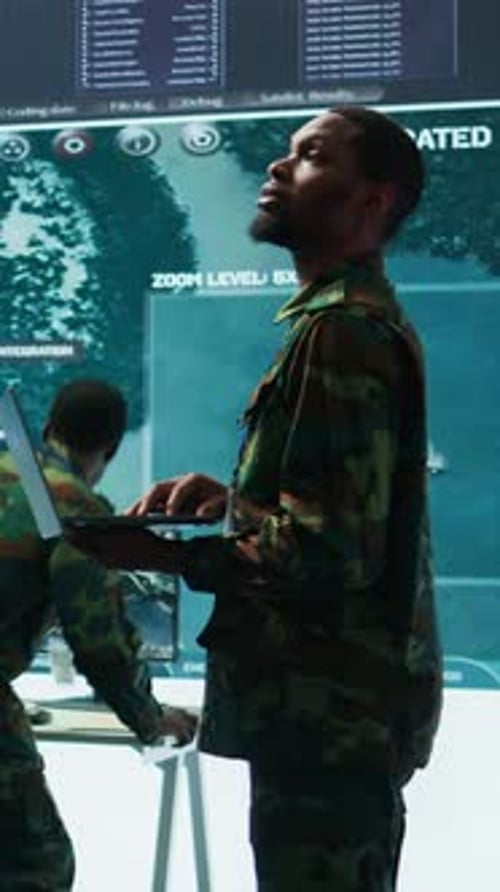 Vertical Video Military Officers Work in a High Tech Army Control Tower Base