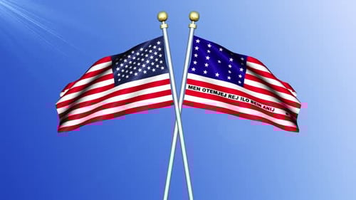 Animated Crossed American and Historical Flags Waving in Blue Sky
