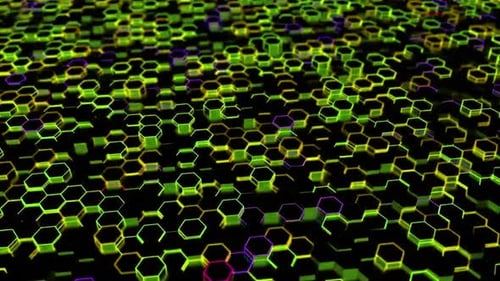 Neon hexagons glow on black background
