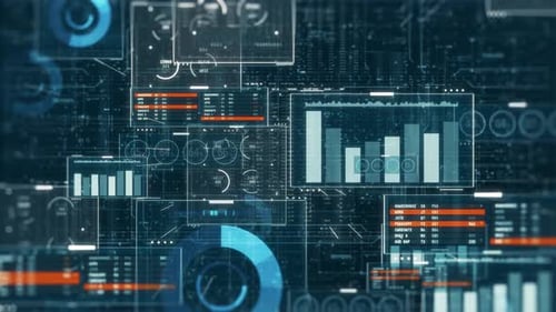 Animated Digital Data Display Interface with Charts and Graphs