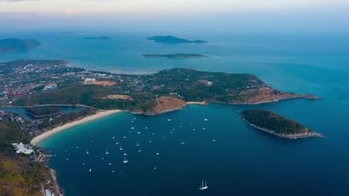Hyperlapse of the Phuket island at sunset. Timelapse of the southernmost area of Phuket island with