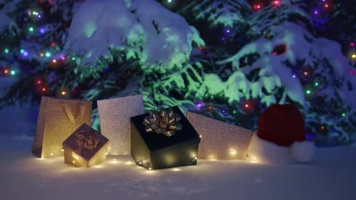 Magic Snowfall on Merry Christmas Eve Magic Winter Night with Gift Box Presents