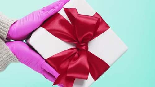Gift Box with Red Ribbon Held by Hands
