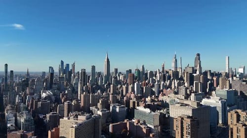 Aerial video above skyscrapers and skyline in Manhattan, New York