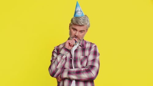 Mature Man Lonely Birthday Party Cone Hat Blower Bored Mood Solitude Celebration Upset Tired Bored
