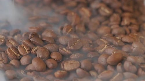 Close Up of Steaming Roasted Coffee Beans