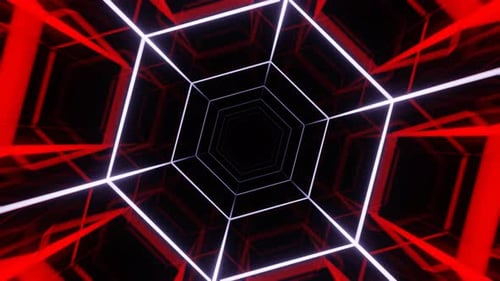 Schleifenanimation mit weißem und rotem Hexagon-Sci-Fi-Tunnel im Hintergrund in 4K