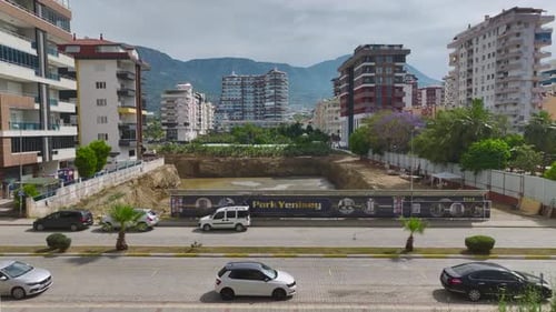 Aerial View Excavation Site Workers Set Up Foundation