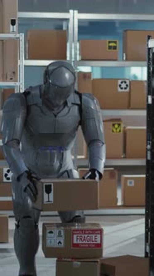 Robotic Silver Employee Working on Workshop Stillage Service Room Collecting and Carrying Heavy