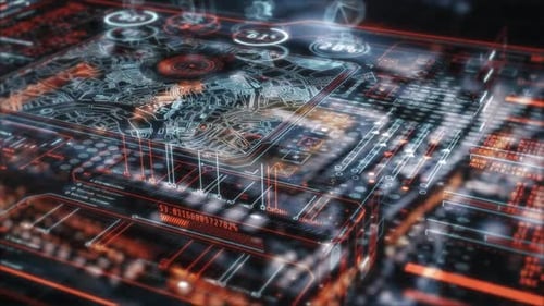 Pantalla frontal futurista con un mapa que muestra el análisis de datos
