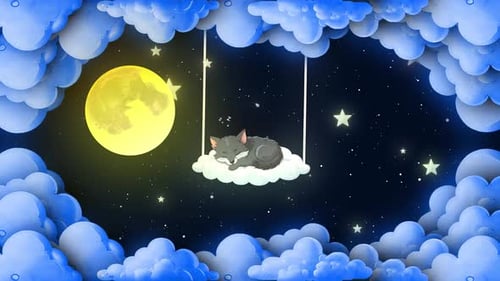 Peaceful Cartoon Cat on Cloud Swing Night Animation