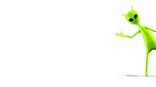 Friendly 3D Green Alien Character Peeking and Waving Animation