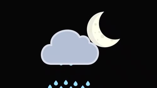 Flat Design Animated Raining Cloud and Crescent Moon