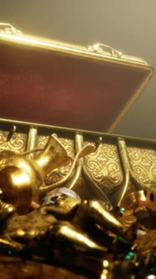 Ornate Golden Treasure Chest with Decorative Objects