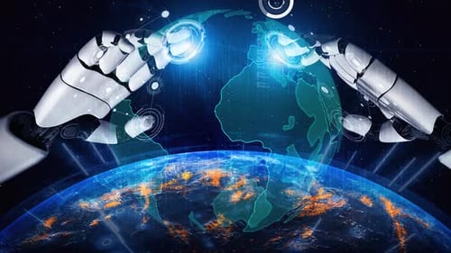 Robotic Arms Manipulate Globe and Futuristic Data