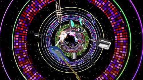 Vibrant Music Instruments Spinning in a Colorful Light Tunnel