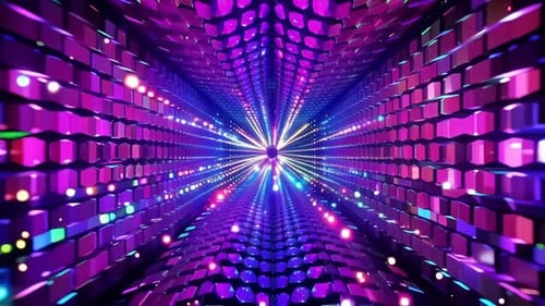 Futuristic Neon Tunnel Animation With Glowing Geometric Cube