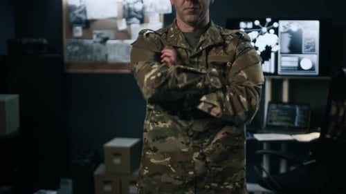 Adult Sergeant in Military Uniform Working in Command Center, Portrait