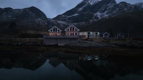 Aerial view of houses in Ballstad, Norway.