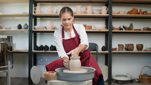 Pottery Workshop Female Potter Makes a Pitcher Out of Clay Handicraft Production of Handmade
