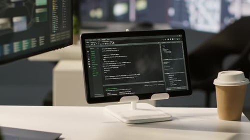 Close do tablet deixado aberto na mesa com linguagem de programação