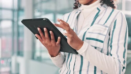 Hands, tablet and scroll with charts, report and statistics of company sales for data analysis