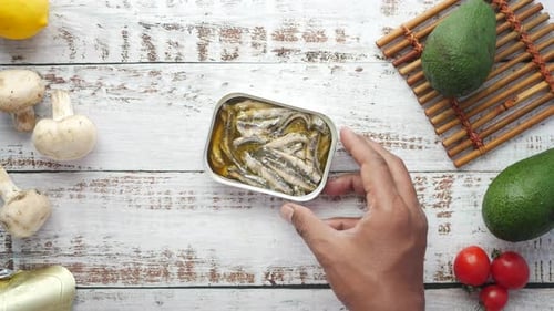 Canned Anchovies Arranged Among Fresh Ingredients