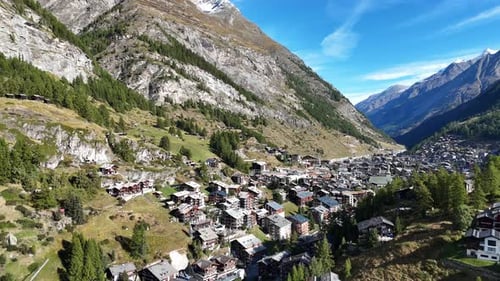aerial descent into Zermatt, Switzerland