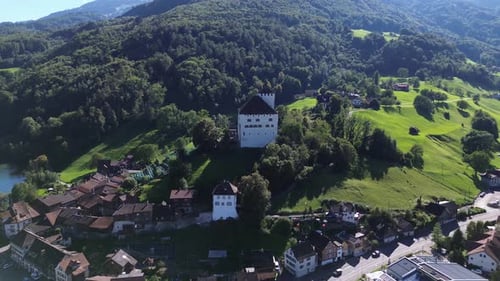 Beautiful view of top to Werdenberg castle. View from drone, quadrocopter to the medieval castle