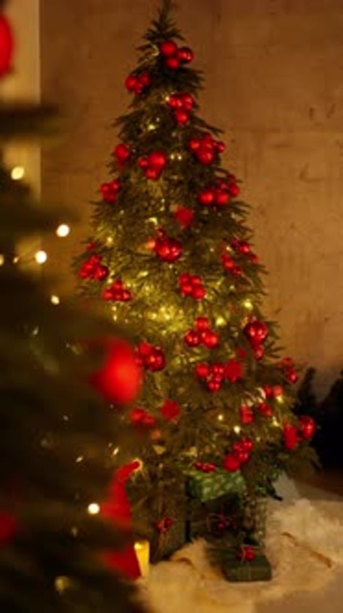 Christmas Tree with Red Decorations Concept of Festive Fir Tree
