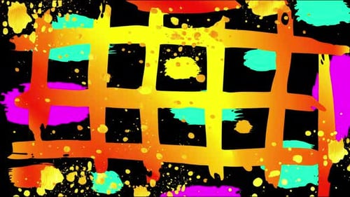 Neon Cartoon Grid with Paint Strokes Animation on Black Background Comic Colorful Abstract Loop