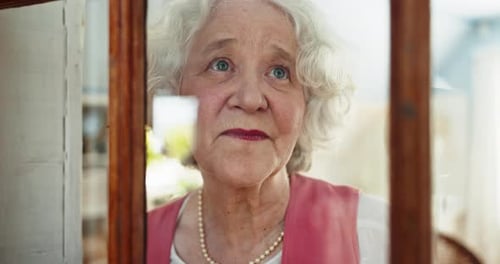 Home, thinking and sad with elderly woman, retirement and memories with nostalgia