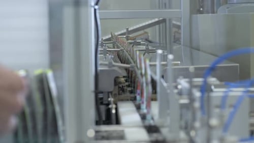 Product Packets Move on Packaging Assembly Line