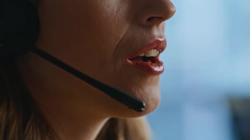 Operator Mouth Talking Microphone Closeup Cheerful Call Center Manager Working