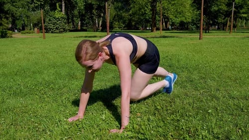 Motivated Pretty Athletic Fitness Woman Doing Mountain Climber Workout Outdoors