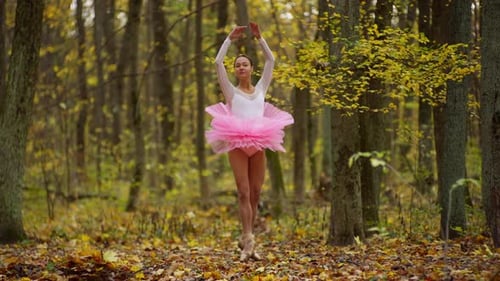 Graceful and Lonely a Woman Dances in an Autumn Forest