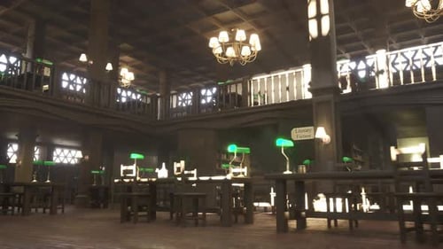 Empty Vintage Library with Wooden Shelves and Green Lamps