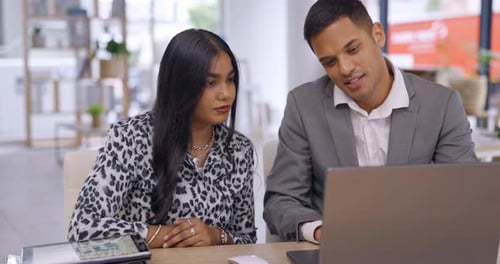 Coaching, laptop and business people in collaboration talking and planning startup company strategy