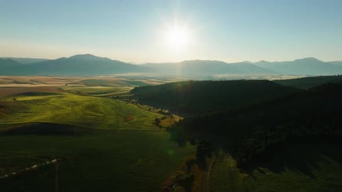 Beautiful Sun Rise Morning Over Mountain Valley Aerial Drone View