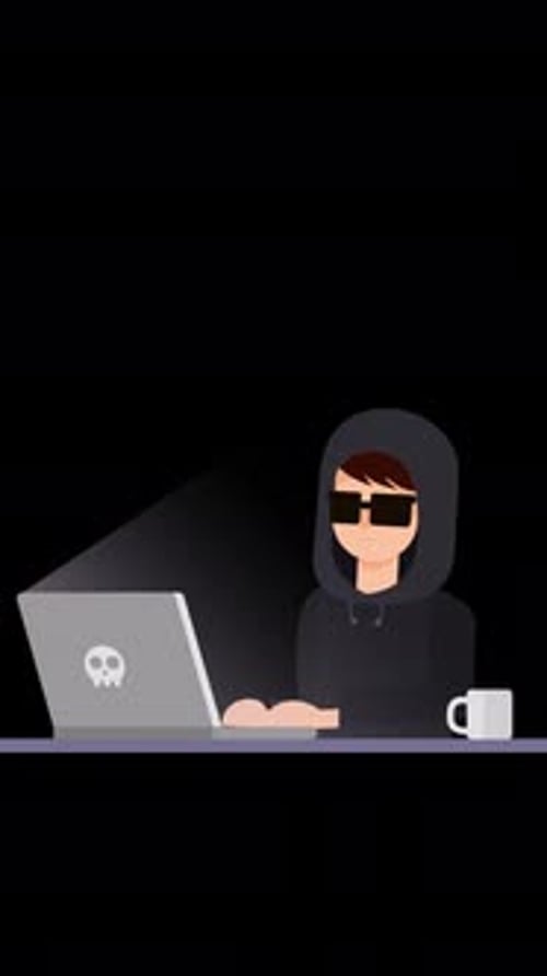 Hacker com laptop roubando senhas e invadindo dados confidenciais na vertical
