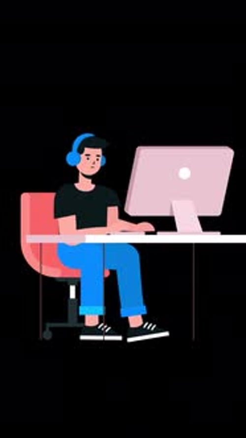 Businessman Sitting At Desk Working On Computer Cartoon Animation On Vertical On Alpha Channel