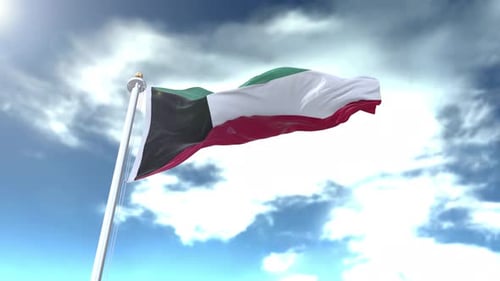 Realistic Kuwait Flag Waving on a Pole Against a Sunny Sky