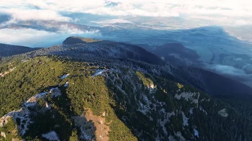 Aerial View of Mountainous Landscape with Forests Valley Full of Fog