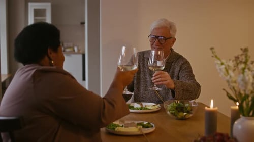 Senior Couple Toasting Wine at Romantic Dinner