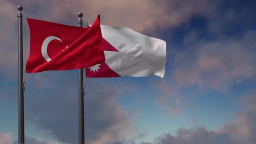 Turkey and Bahrain Flags Waving in Realistic 3D Animation