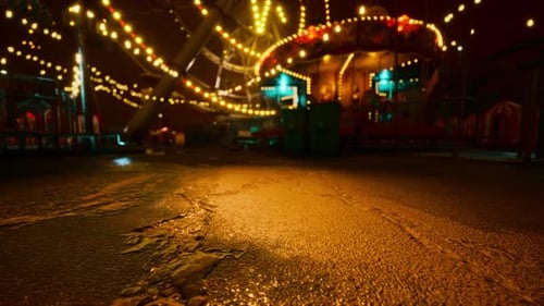 Deserted Amusement Park at Night with Glowing Lights and Wet Ground