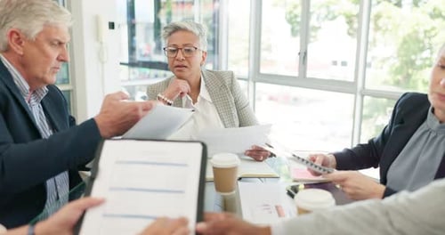 Marketing, documents and collaboration of business people in meeting discussing strategy in company