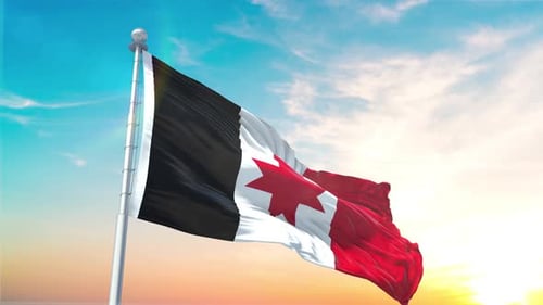 Waving Black White Red Flag with Red Star at Sunset